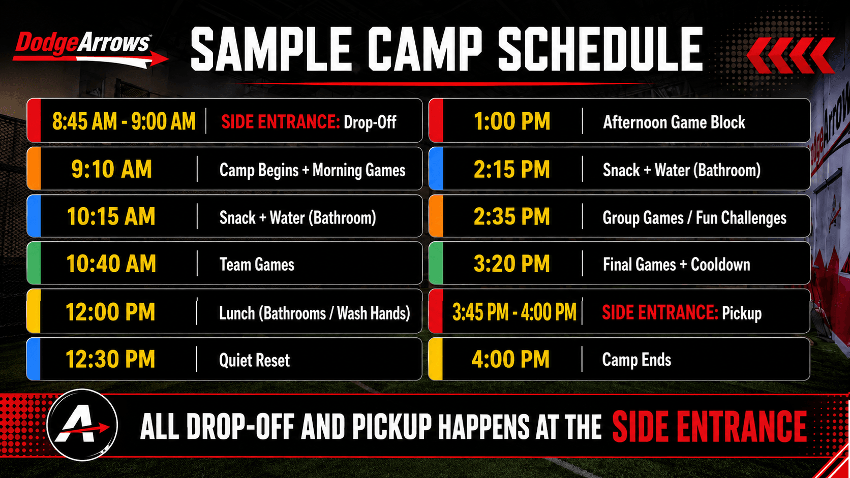 DodgeArrows sample camp schedule from 7:45 AM early drop-off through 4:00 PM camp end, with all drop-off and pickup at the side entrance